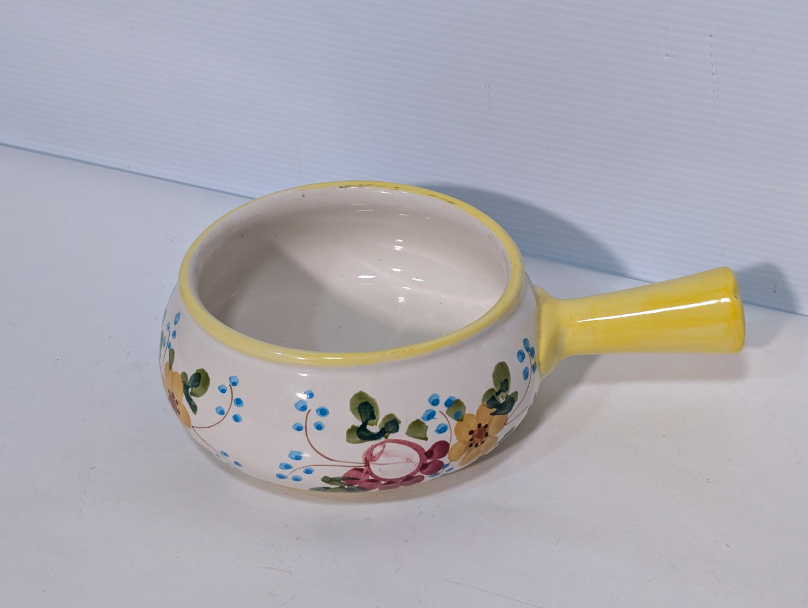 Vintage Hand Painted Soup Crock Pot Ceramic Dish Flowers Yellow Blue Green Berry