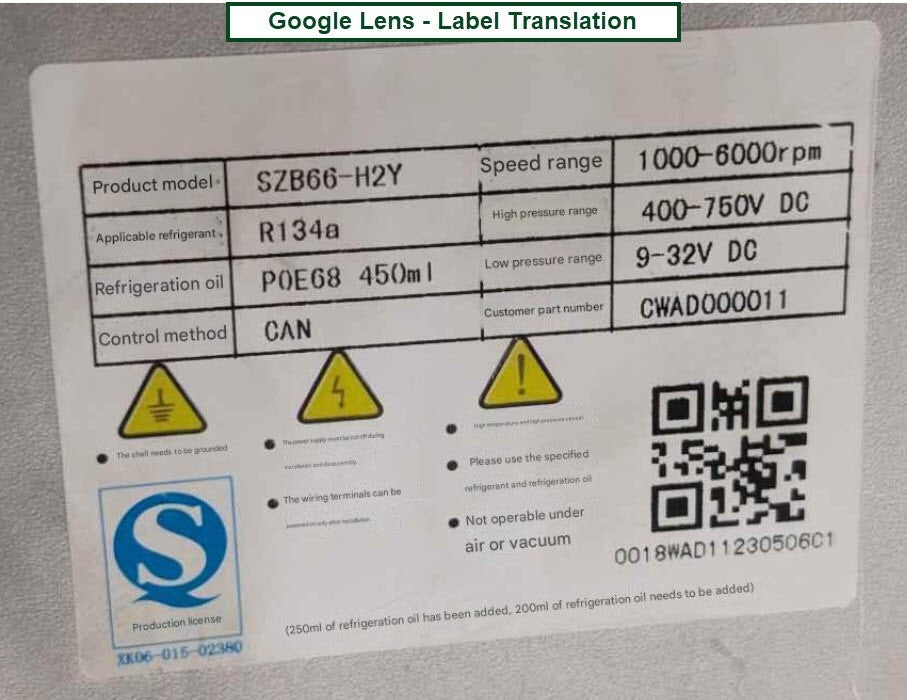Songz SZB66-H2Y Electric Air Conditioning Compressor, 1000-6000rpm, R134A