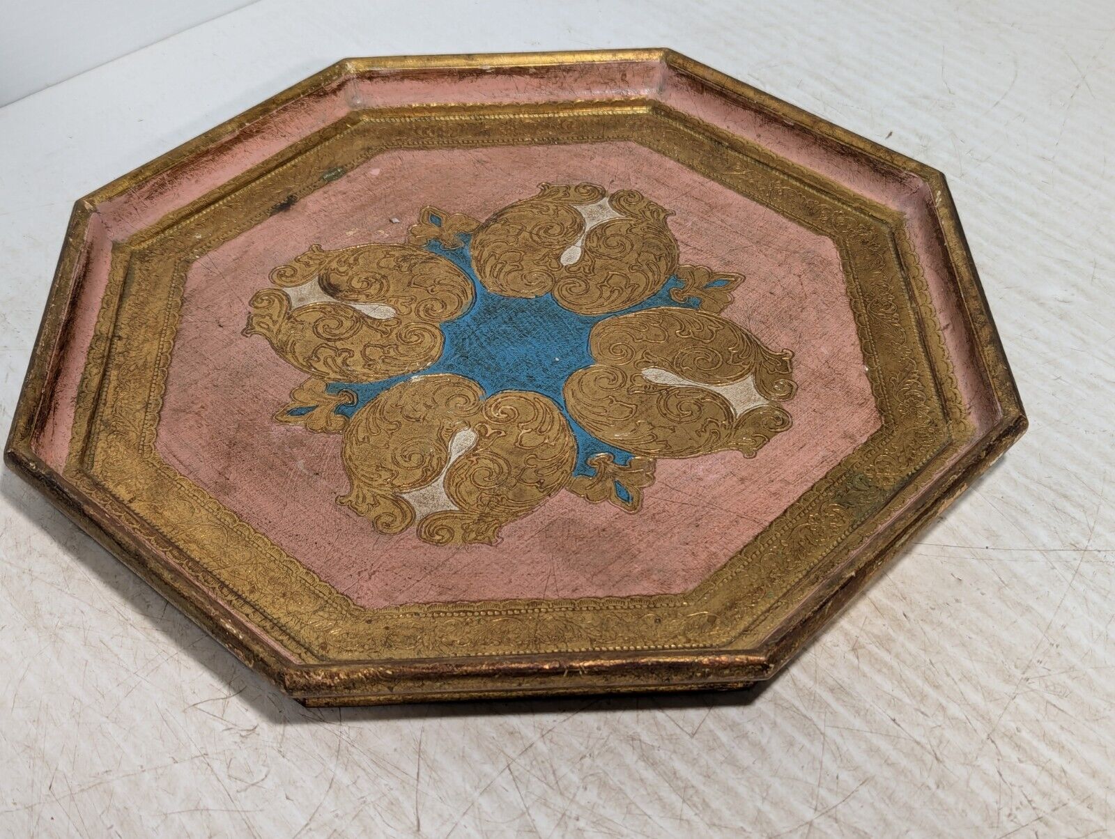 Vintage Wooden Octagonal Tray, Intricately etched and hand painted - Free Ship