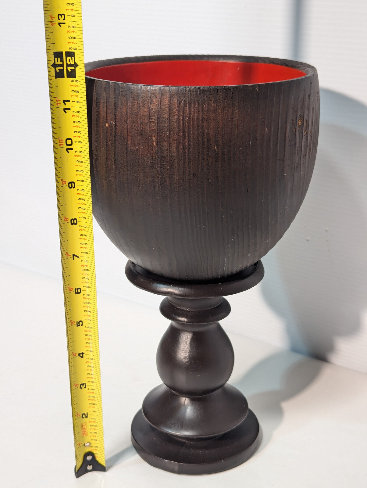 Unique Vintage Mid-Century Wooden Chalice Bowl Wood Stand Pedestal, Red Interior