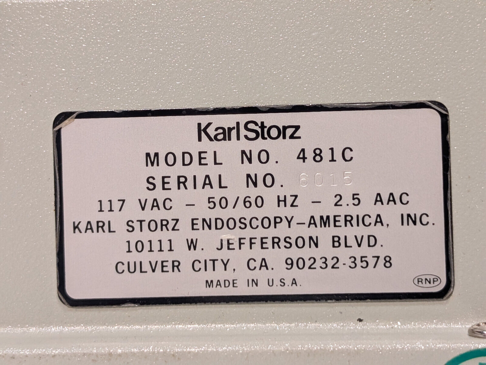 Storz 481C Miniature Lightsource, Endoscopy, 117 VAC, 50/60 Hz, Made in USA