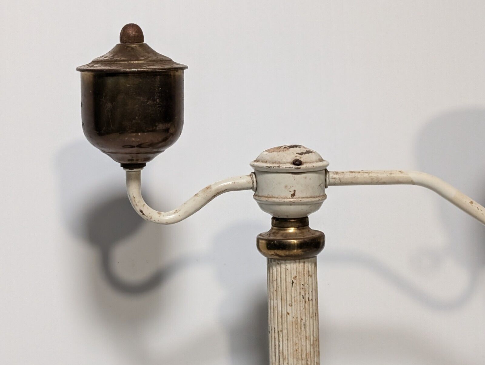 Unique Vintage Brass and White Table Lamp with Offset Swivel Light Bulb Socket