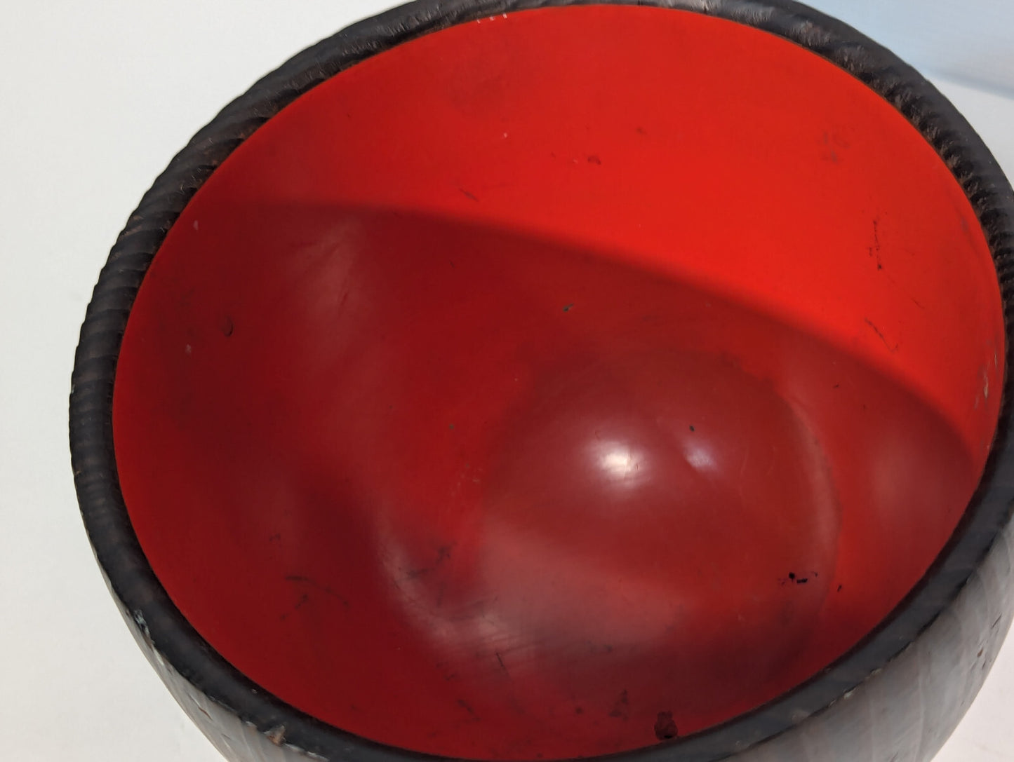 Unique Vintage Mid-Century Wooden Chalice Bowl Wood Stand Pedestal, Red Interior