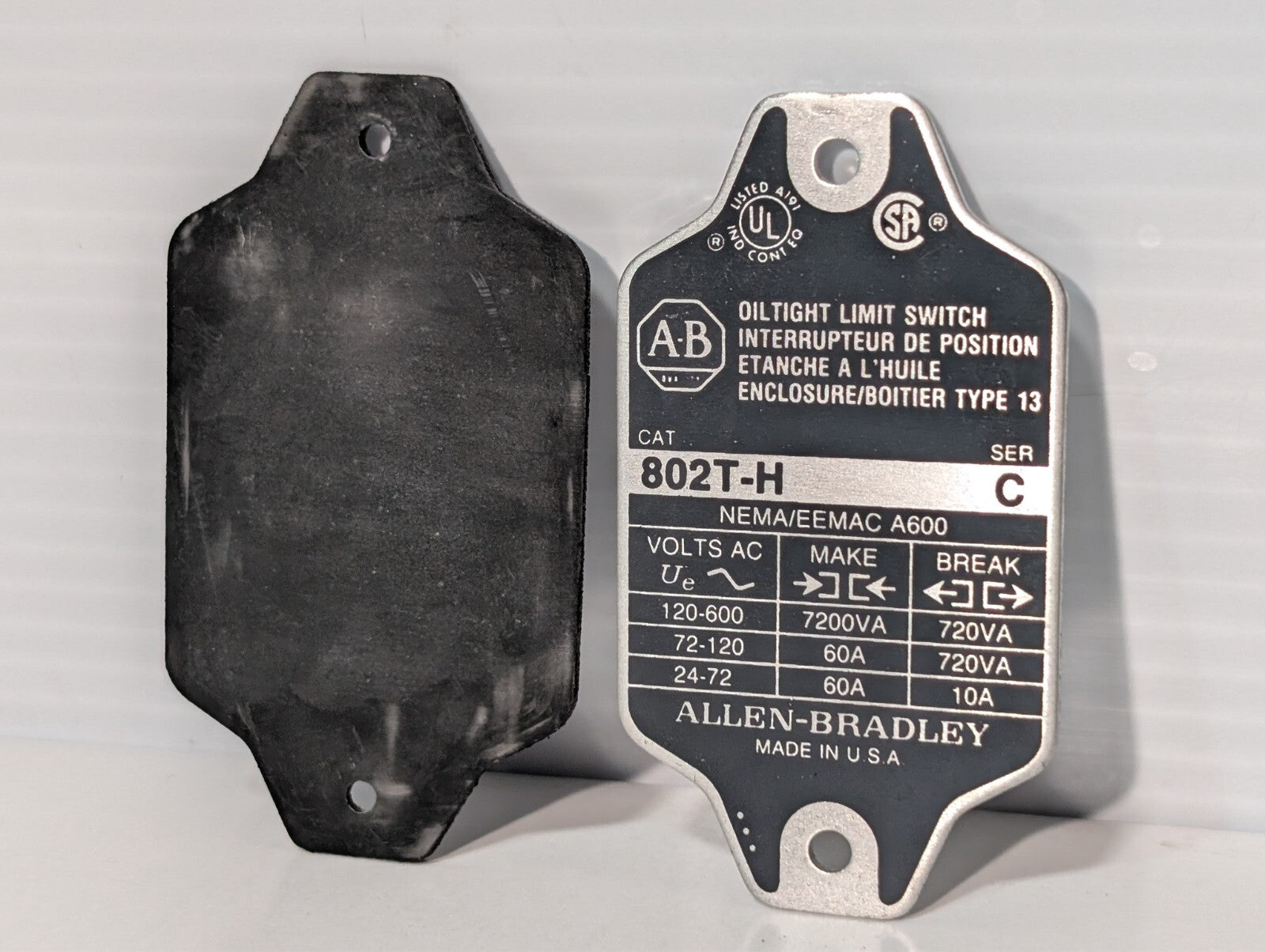 Allen Bradley 802T-H Oiltight Limit Switch NAMEPLATE ONLY
