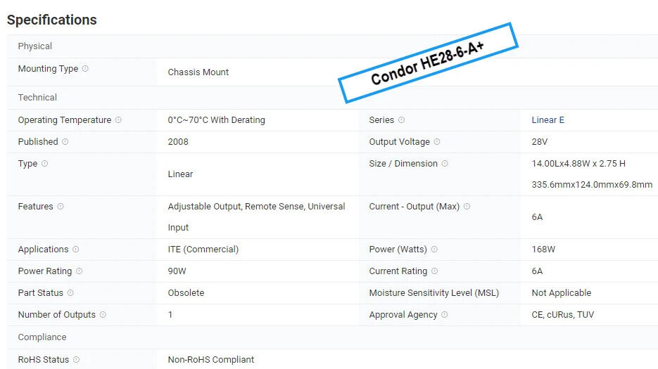 Condor HE28-6-A power supply, input 100/120/220/230-240VAC, output 28VDC/6A