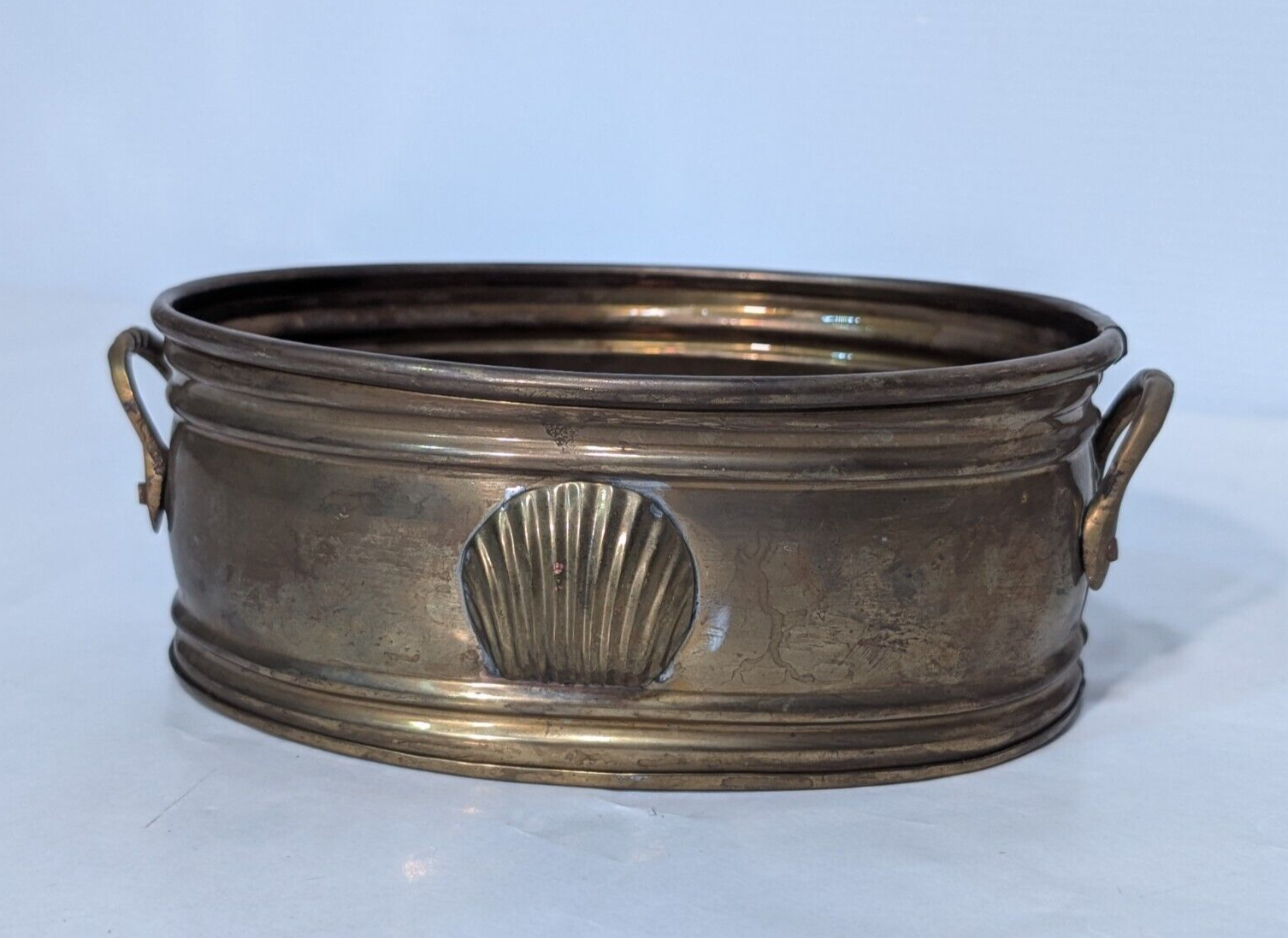 Vintage Brass Oval Planter Bucket/Tub With Handles, Scallop Imprint