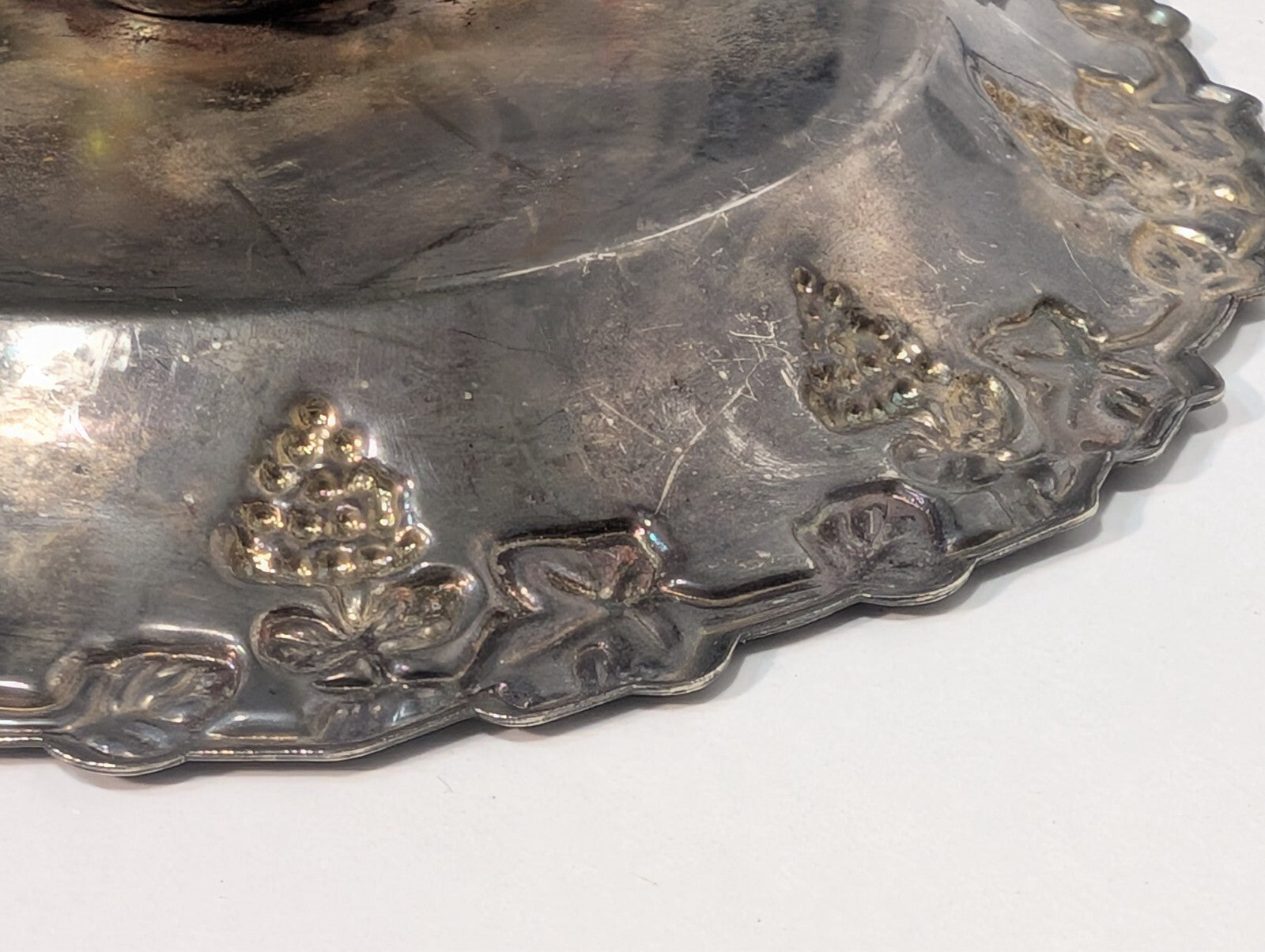 Vintage Bugle Candlestick 9" and Silver Plated Tray with Grapes, Sheffield 6"