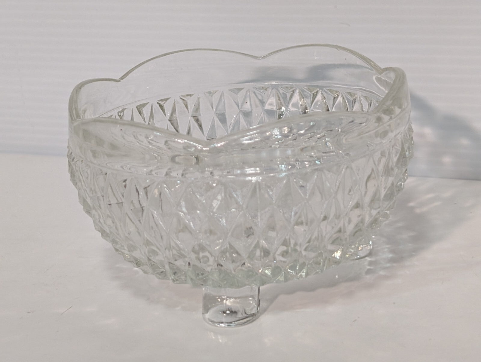 Vintage Indiana Glass Clear Diamond Point 3 Toed Candy Dish 5” x 3”