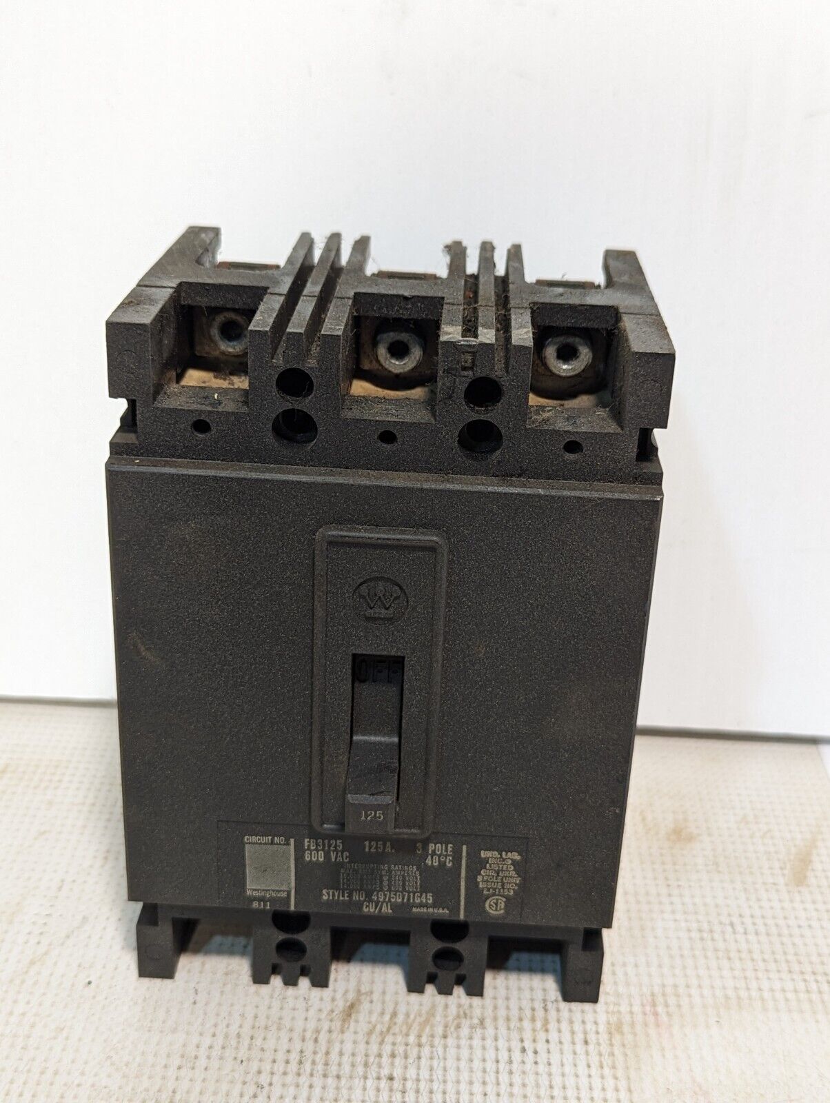 Westinghouse FB3125 circuit breaker, 125A, style 4975D71G45, 600VAC, 3 pole