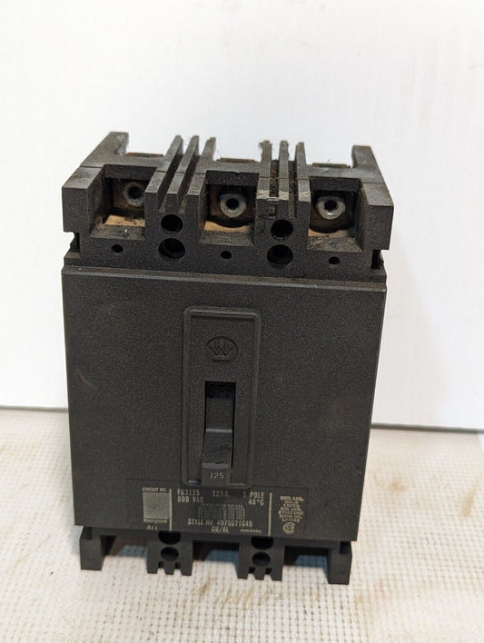 Westinghouse FB3125 circuit breaker, 125A, style 4975D71G45, 600VAC, 3 pole