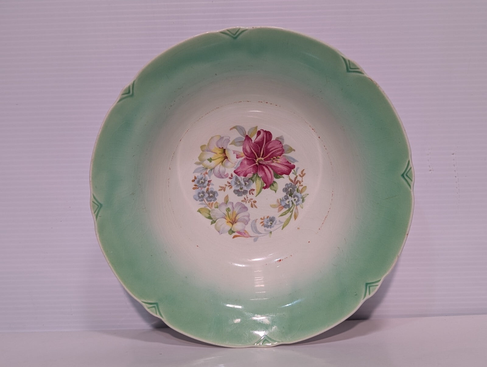 Vintage Porcelain Green + White with Floral Bouquet Serving Bowl 9 1/2" Diameter