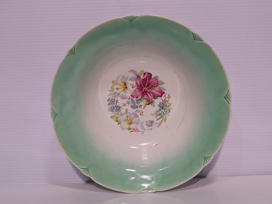 Vintage Porcelain Green + White with Floral Bouquet Serving Bowl 9 1/2" Diameter