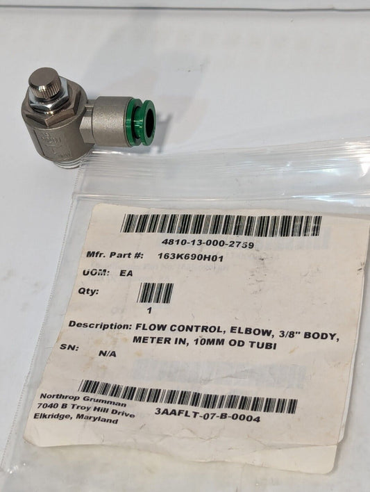 163K690H01 Green Air Flow Control Elbow, 3/8" body, 10MM OD Tubi - Free Shipping