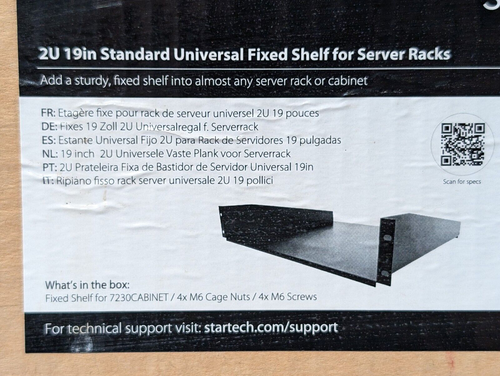 StarTech.com CABSHELF 2U Standard Universal Fixed Shelf for Server Racks, 19"
