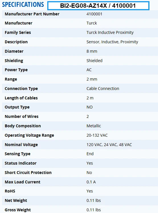 Turck BI2-EG08-AZ14X Inductive Proximity Sensor, 4100001 - Free Shipping