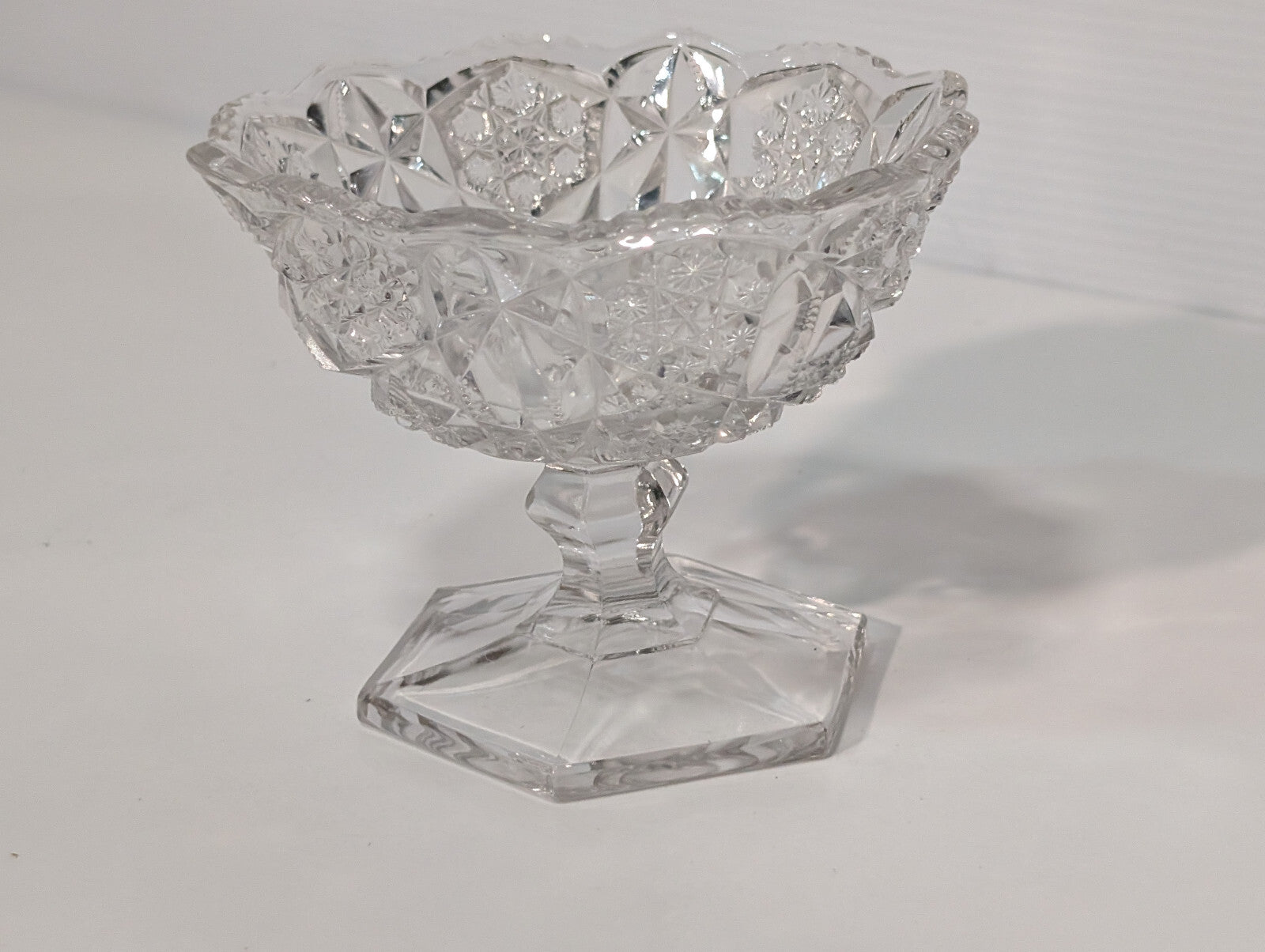 Vintage Clear Glass Crystal Candy Dish Snowflake Pattern Hexagon Pedestal Base