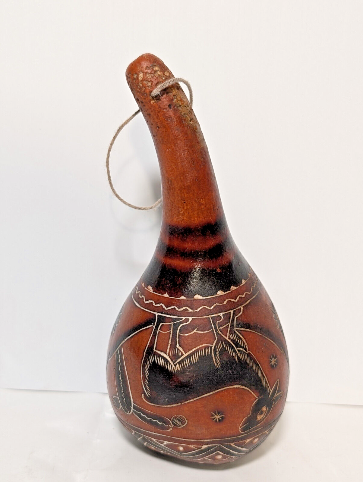 Vintage Peruvian Etched Gourd Maraca, Shaker, Music, Mountains, Donkey, Cactus