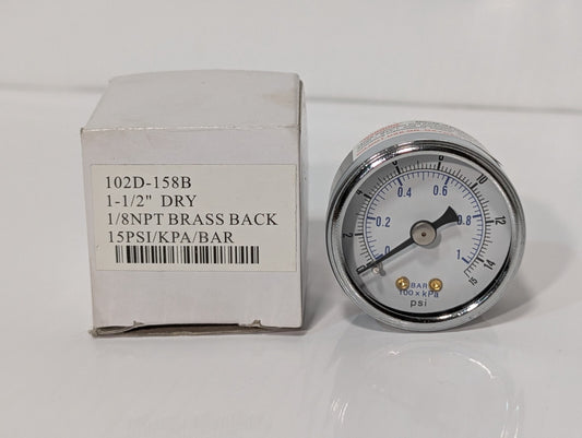 102D-158B Dry Pressure Gauge 1.5" 1/8" NPT Brass Back 15 PSI/KPA/BAR
