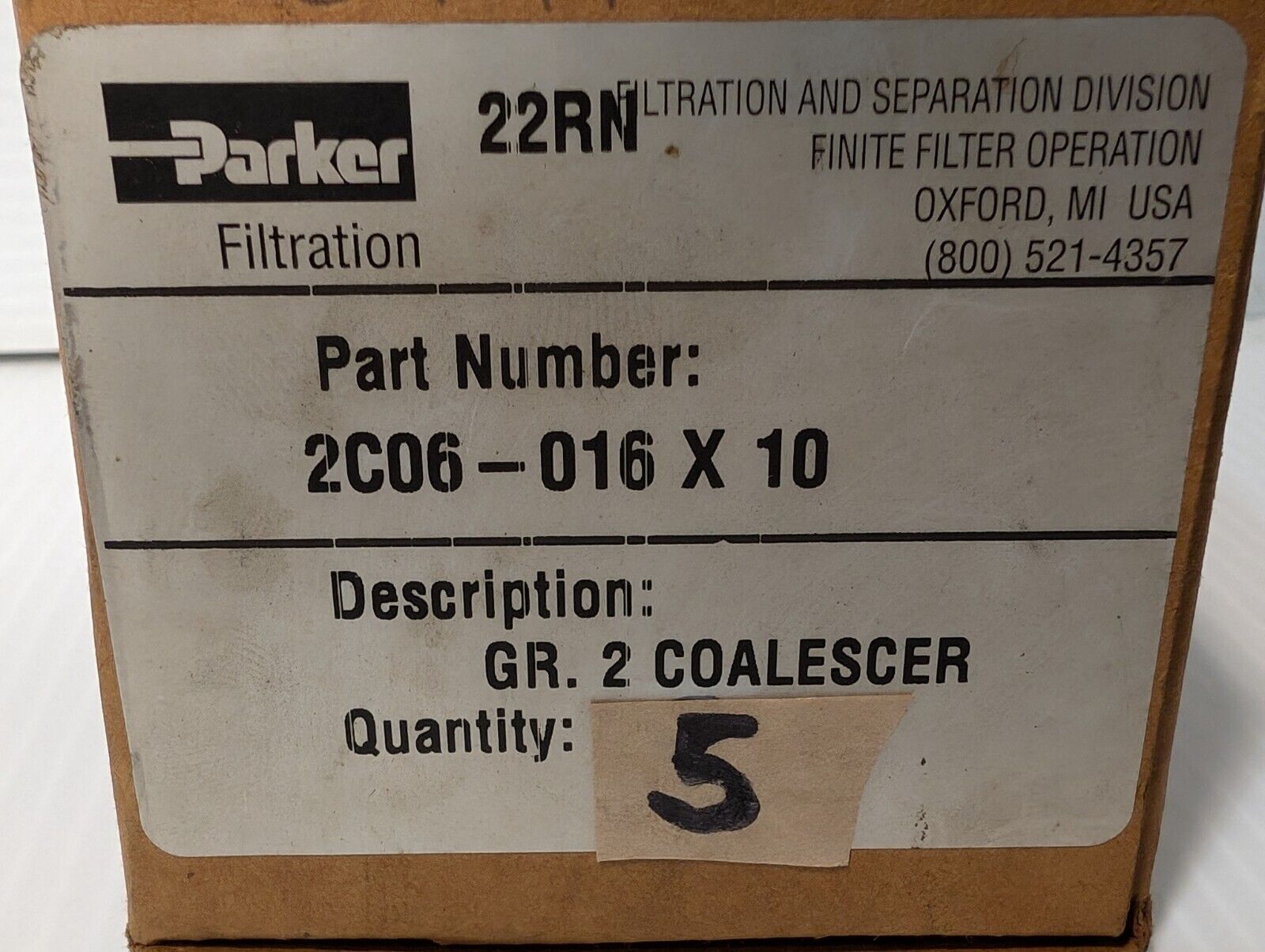 Box of 5 Parker Filtration 2C06-016 filters 22RN Gr. 2 Coalescer - Free Shipping