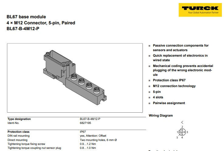 Turck BL67-B-4M12-P Base Module, 6 Pins, 4 Slots, 162K161H01 - Free Shipping