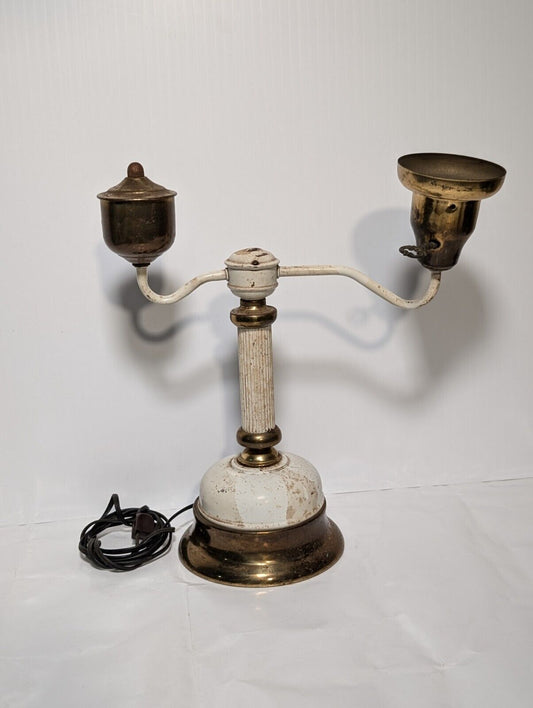 Unique Vintage Brass and White Table Lamp with Offset Swivel Light Bulb Socket