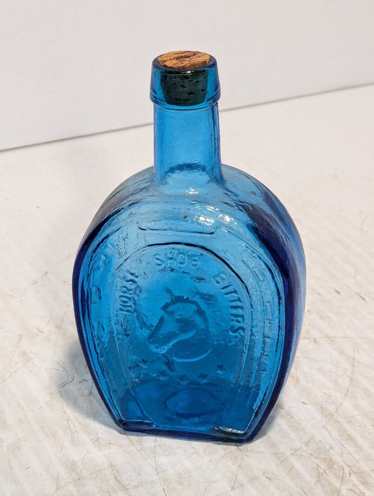 Vintage Blue Glass Bottle Decanter, Horse Shoe Bitters, - Free Shipping