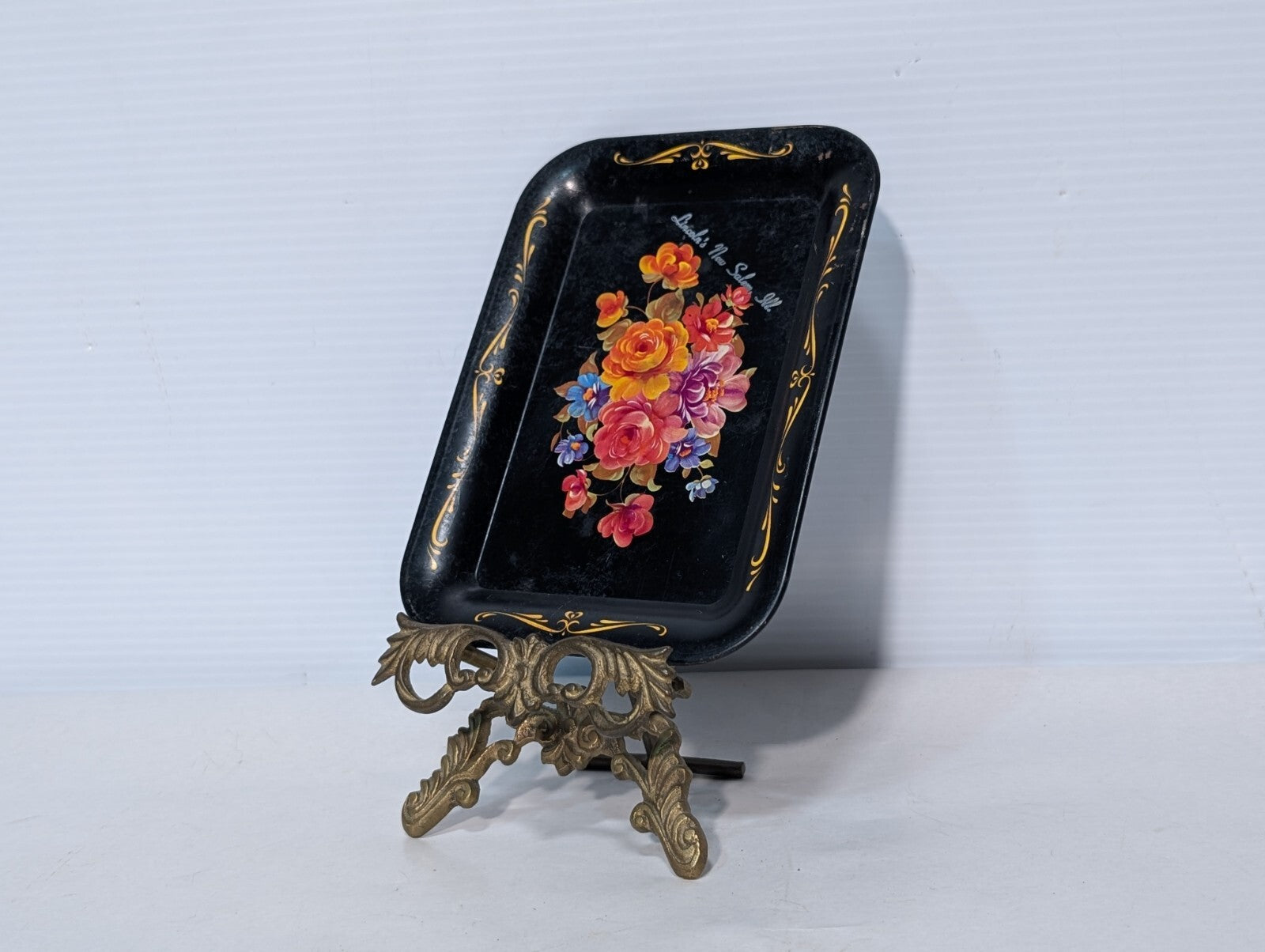 Vintage Tole Metal Floral Rose Design Tray with Display Stand