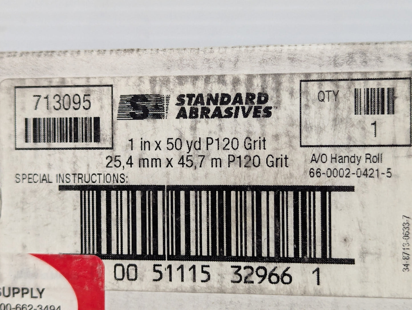 Standard Abrasives 1" x 50 Yard Handy Roll, Med P120 Grit, 66-002-0421-5, 713095
