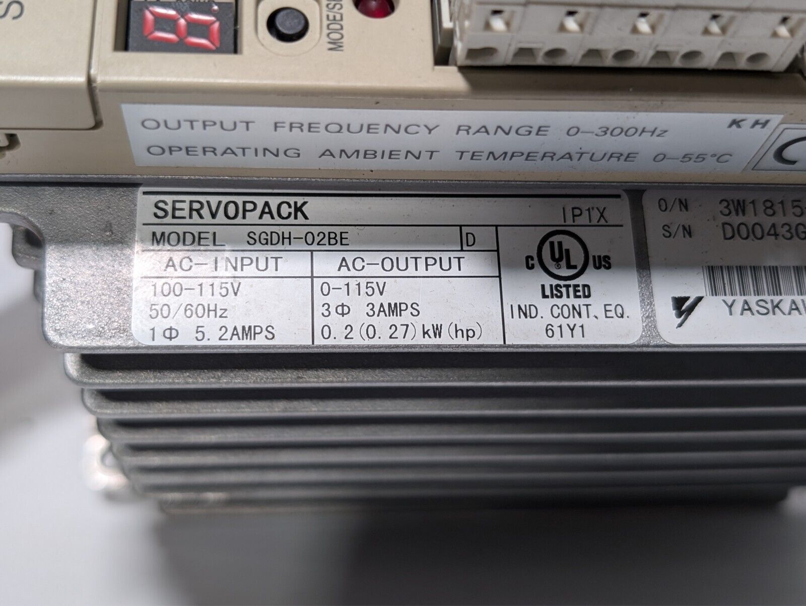 Yaskawa SGMAH-02BAF41 servo motor with SGDH-02BE servopack, CGI 023PLX0280-XX-01