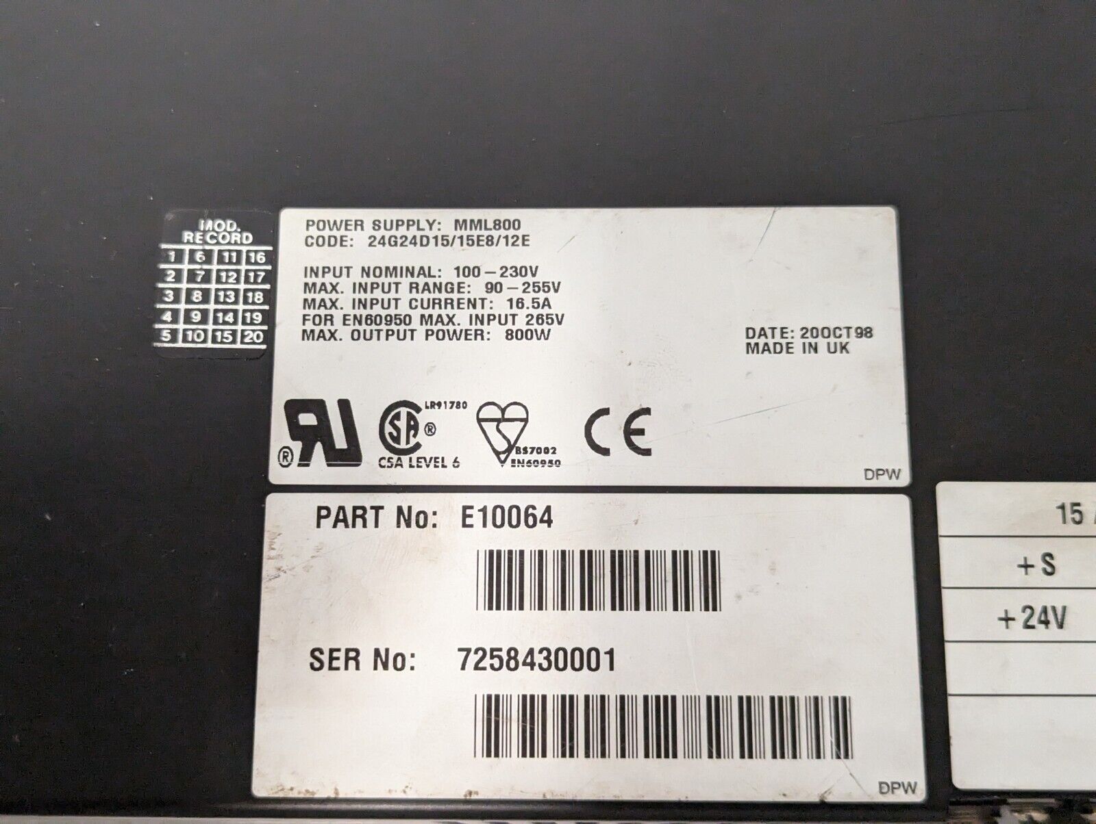 Omega 800PFC Coutant Lambda MML800 Power Supply MPM Printer - Free Ship+Returns