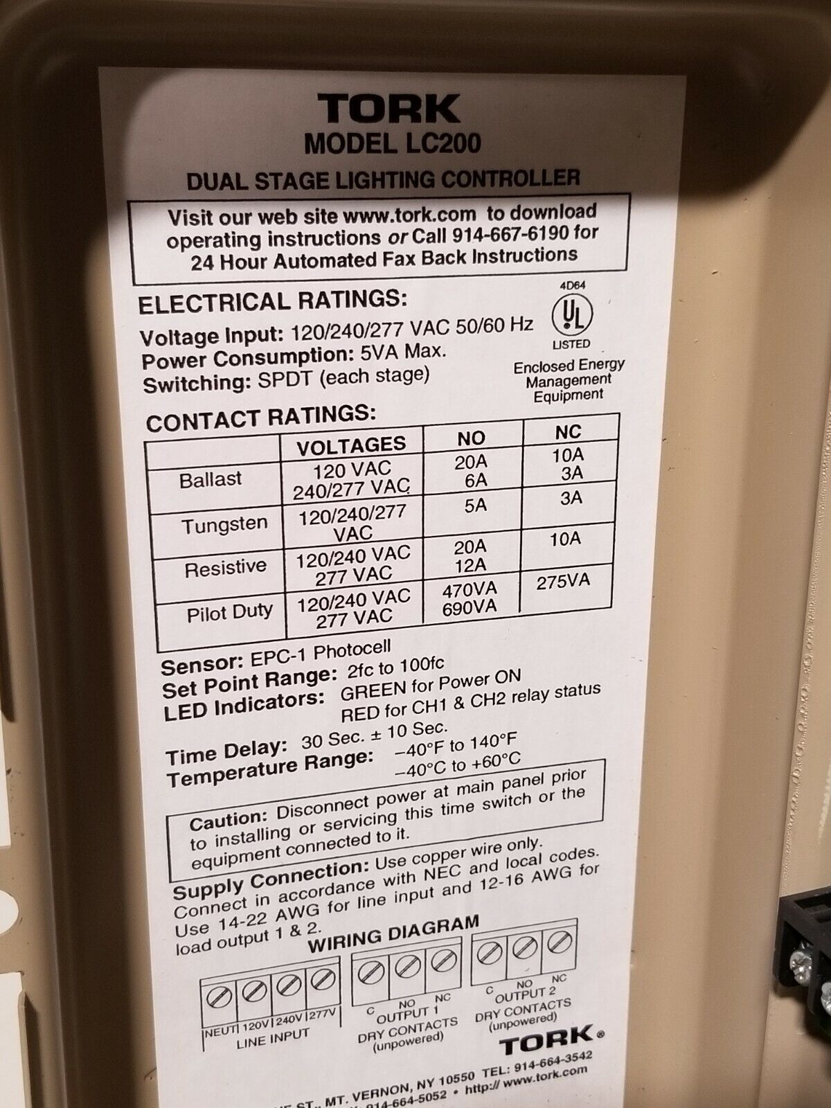 Tork LC200 Dual Stage Lighting Controller w/EPC1 photocell, BAD RELAYS-Free Ship