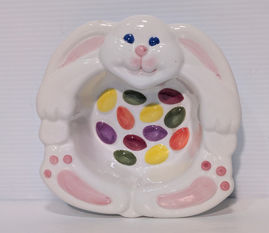 Vintage 1980s Porcelain Bunny Rabbit Easter Jellybeans Candy Dish Multicolor