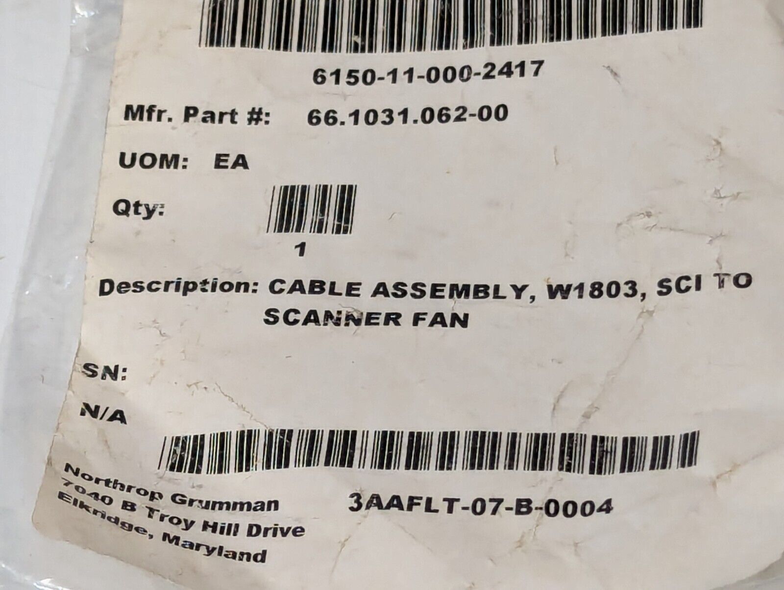 66.1031.062-00 SCI to scanner fan cable assembly, W1803 - Free Shipping