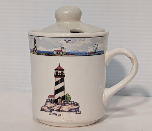 Vintage Lighthouse Maritime Sailboats Ceramic Stonewear Lidded Tea Coffee Mug