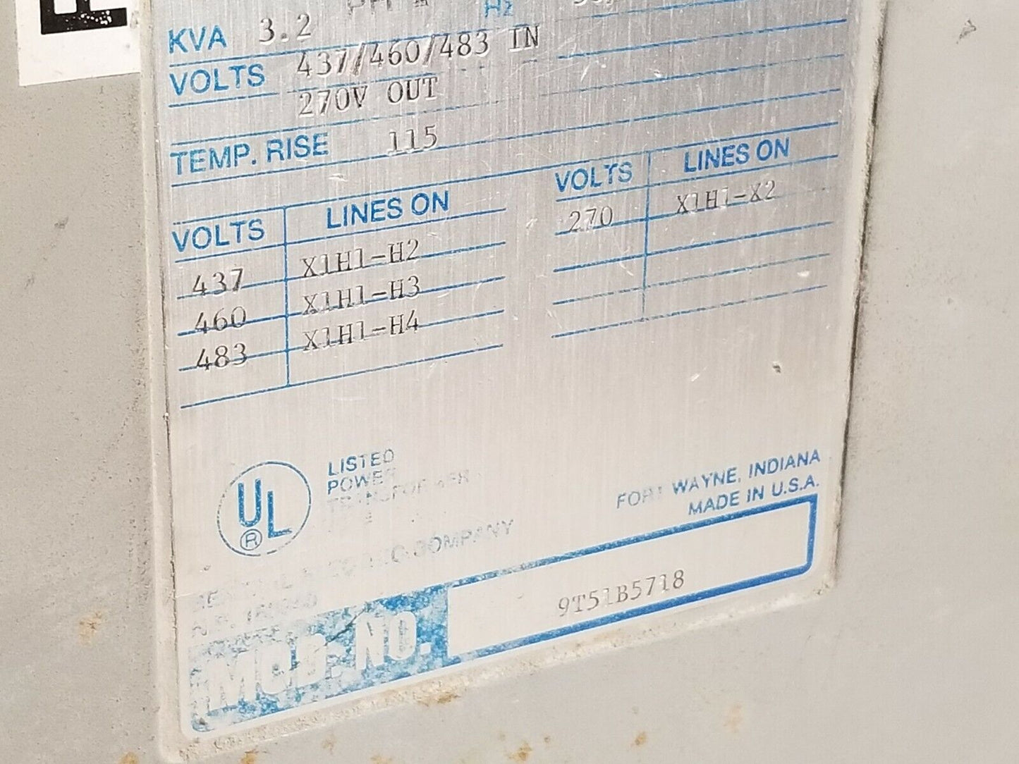 GE 3.2kVA dry type autotransformer, 437/460/483 in, 270V out, 9T51B5718