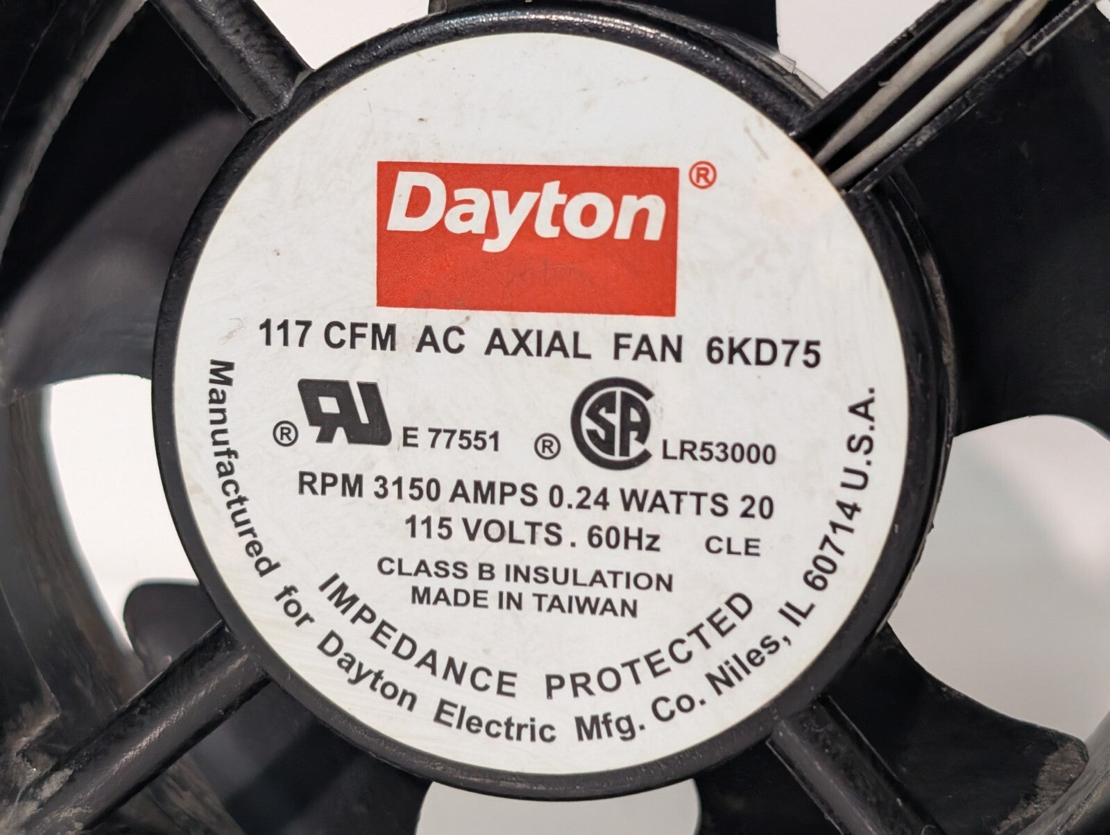 [2] Dayton 6KD75 AC Axial Fan 3150rpm .24 Amps 20 Watts 115 Volts 60hz 117cfm