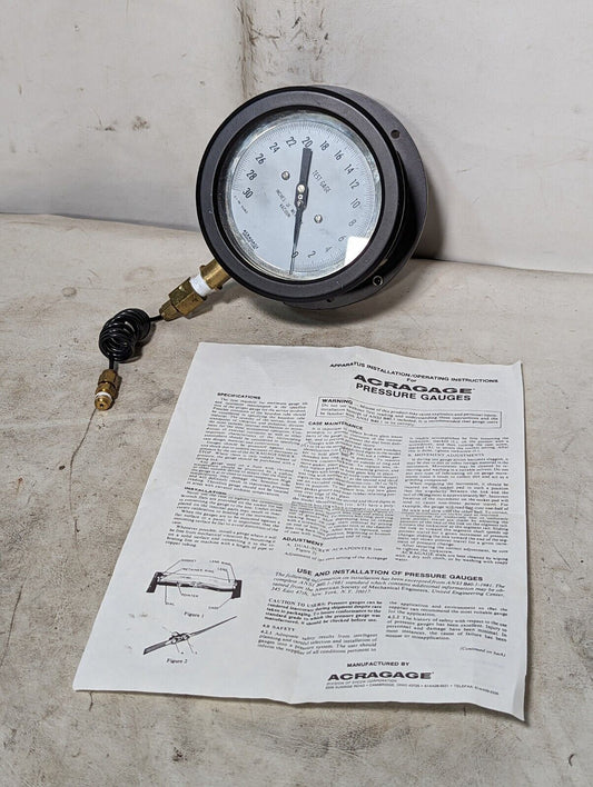 Acragage pressure gauge, 0-30 inches of Mercury vacuum, bronze tube, brass socke