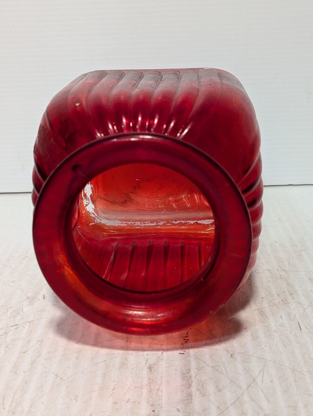 Vintage Red Ribbed Glass Vase\Jar\Canister, 9" T x 6" W x 5" Opening - Free Ship