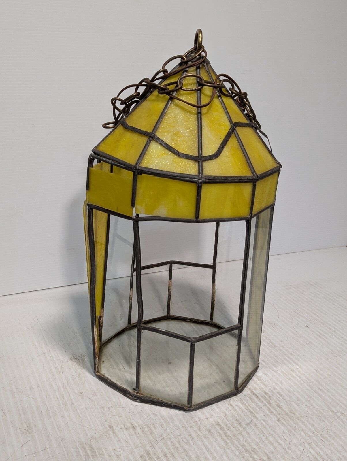 Vintage Yellow Slag Glass Hanging Terrarium Lamp, Stained Glass, - Free Shipping