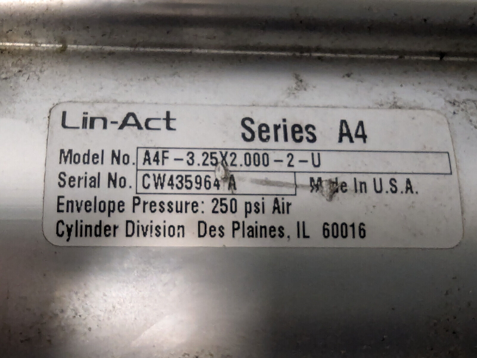 Lin-Act A4F-3.25x2.000-2-U Pneumatic Cylinder -Made in USA- Free Shipping