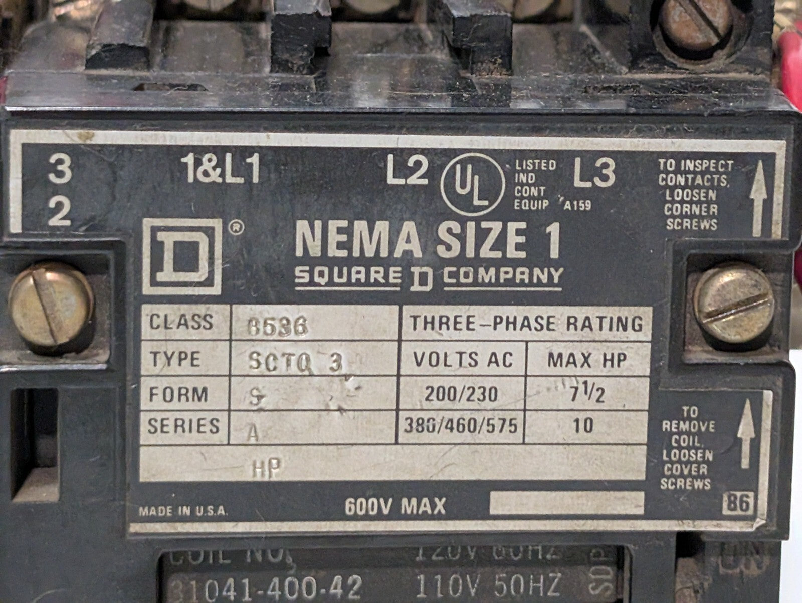 Square D 8536 SCT0-3 Motor Starter, NEMA Size 1, Series A, Form S, 110\120V Coil