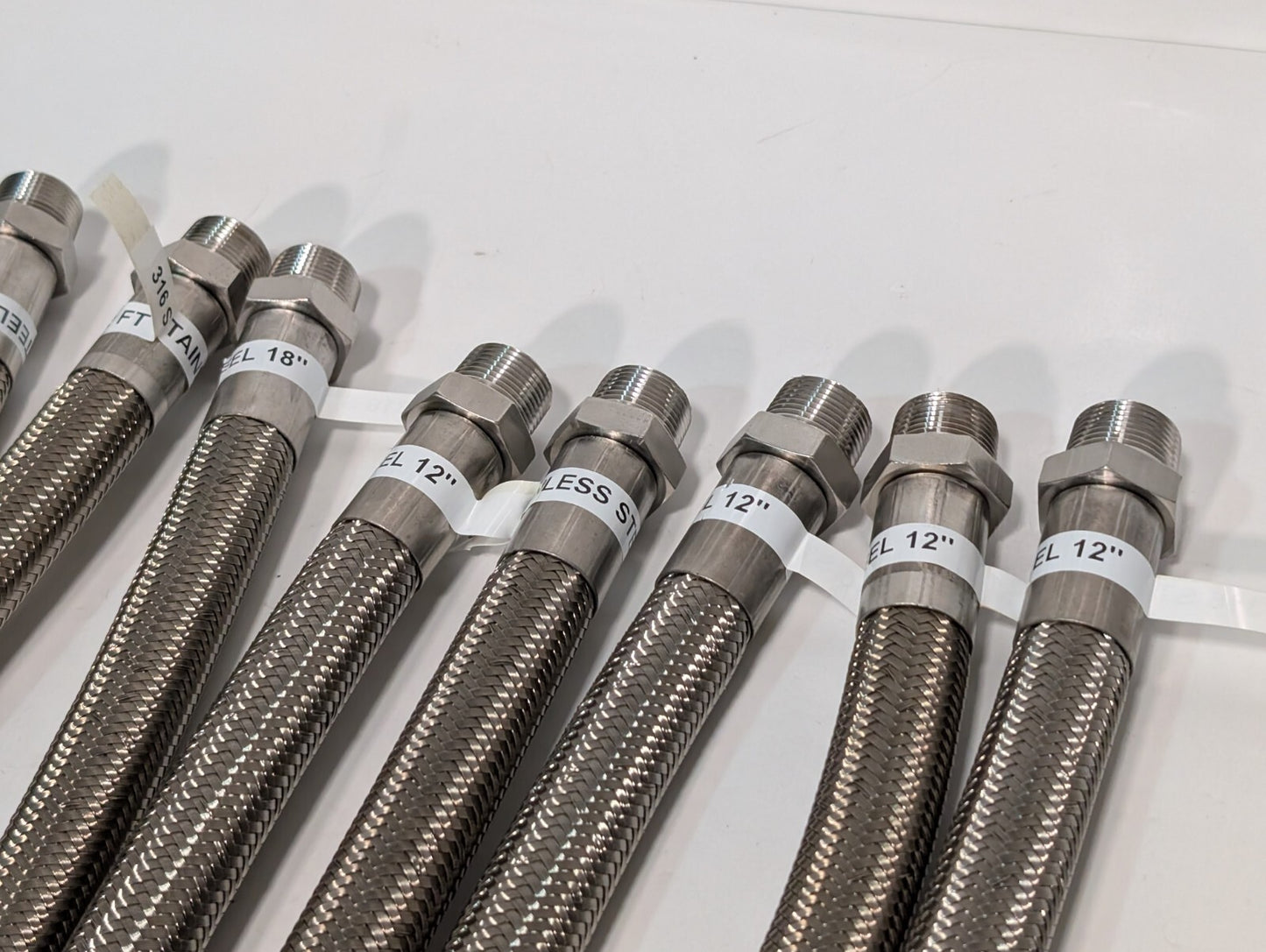 (15) Braided 316 Stainless Steel Flex Hoses, Assorted Lengths Sizes Ports