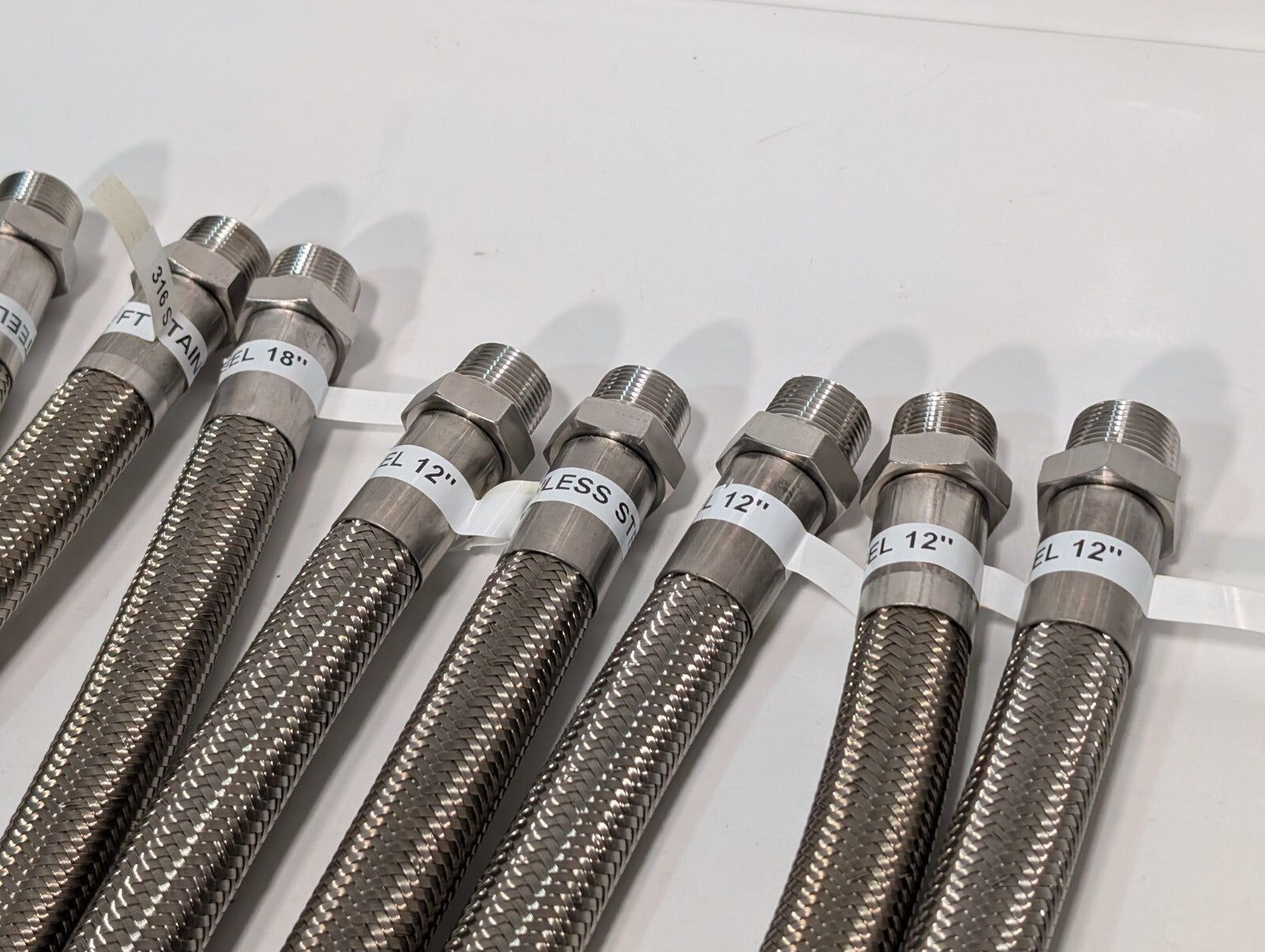(15) Braided 316 Stainless Steel Flex Hoses, Assorted Lengths Sizes Ports