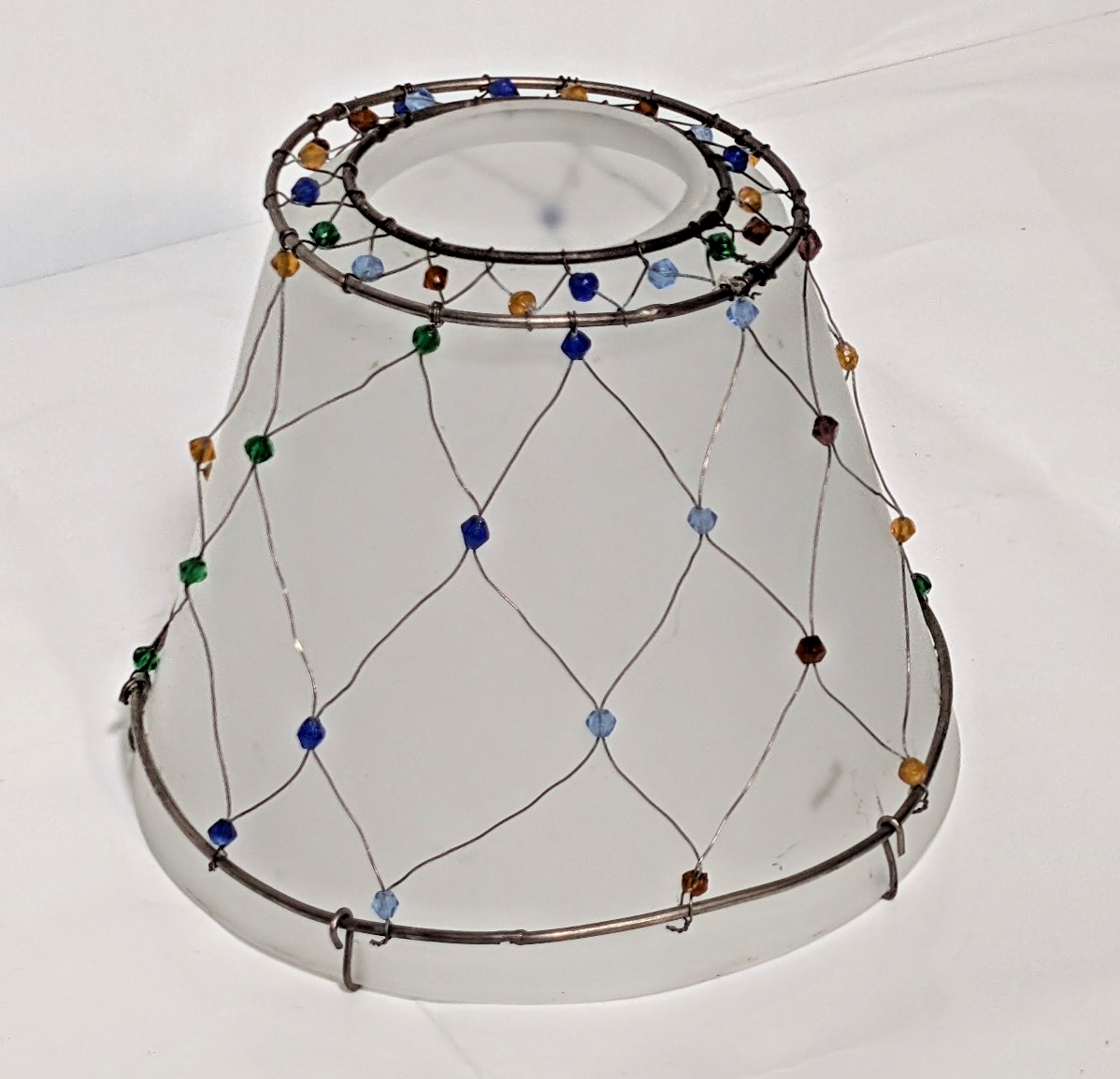 Vintage smoked glass, beaded, silver wire, lamp shade for accent lamp, 4.5"x5.5"