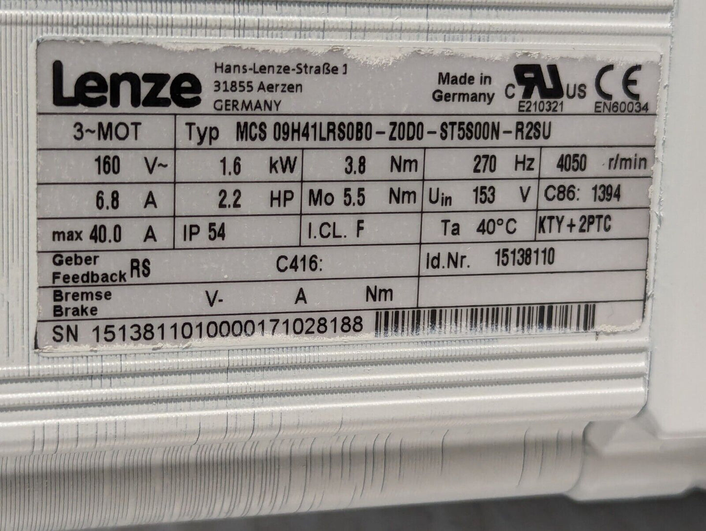 Lenze MCS 09H41LRS0B0-Z0D0-ST5S00N-R2SU Servo Motor - Free Shipping