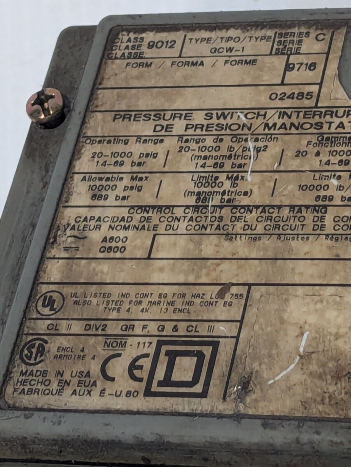 Square D 9012GCW-1 Pressure Switch / Interruptor,  20-1000psi, Ser. C -Free Ship