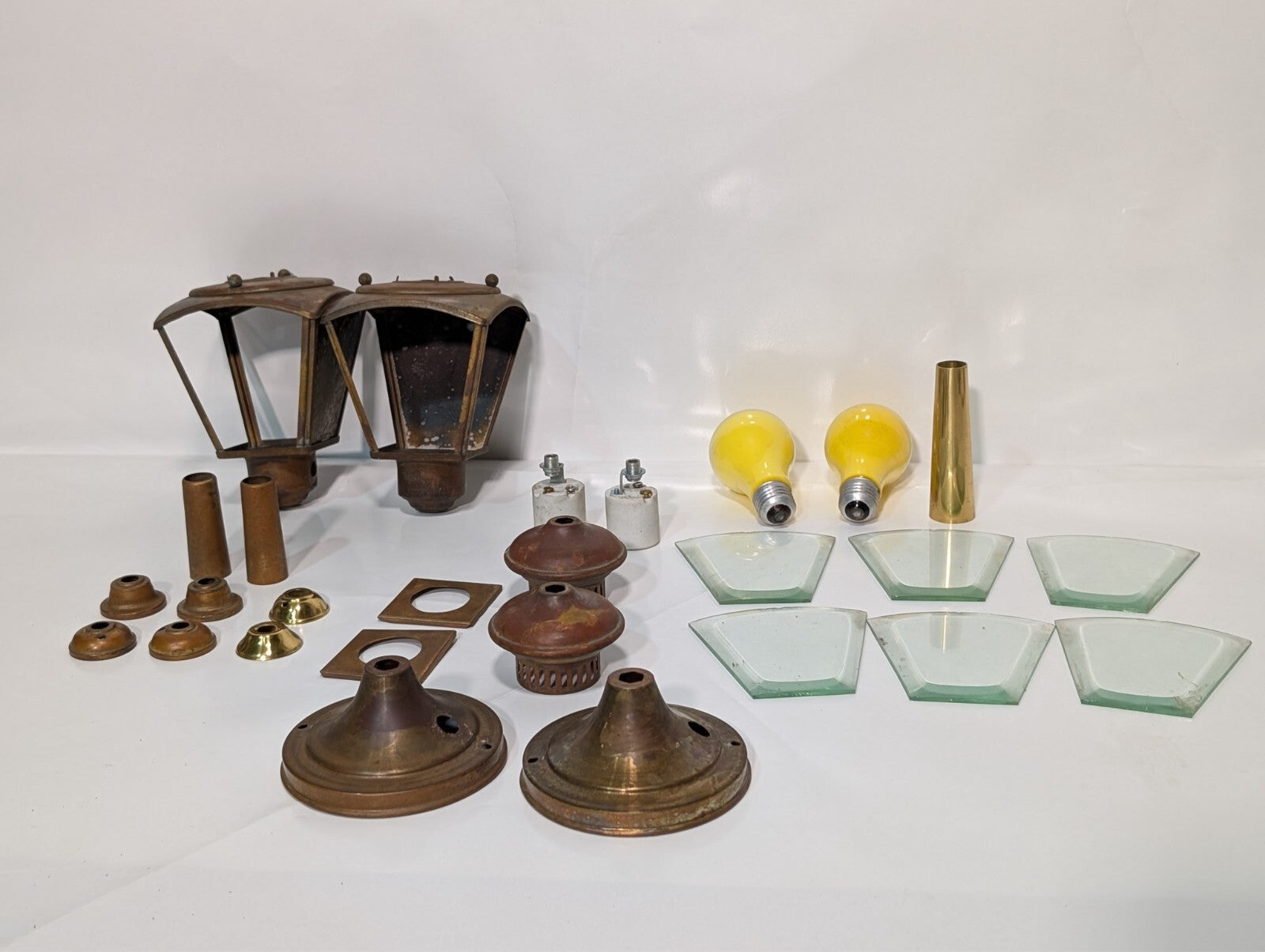 (2) Vintage French Pedestal Lamp Light Brass Glass Covers Disassembled Full Set