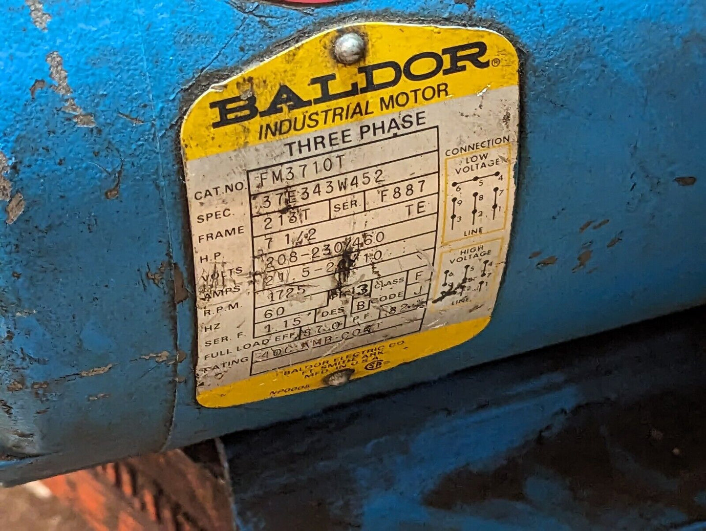 Baldor FM3710T three phase industrial motor, 7.5HP, 208-230/460VAC, 1725RPM