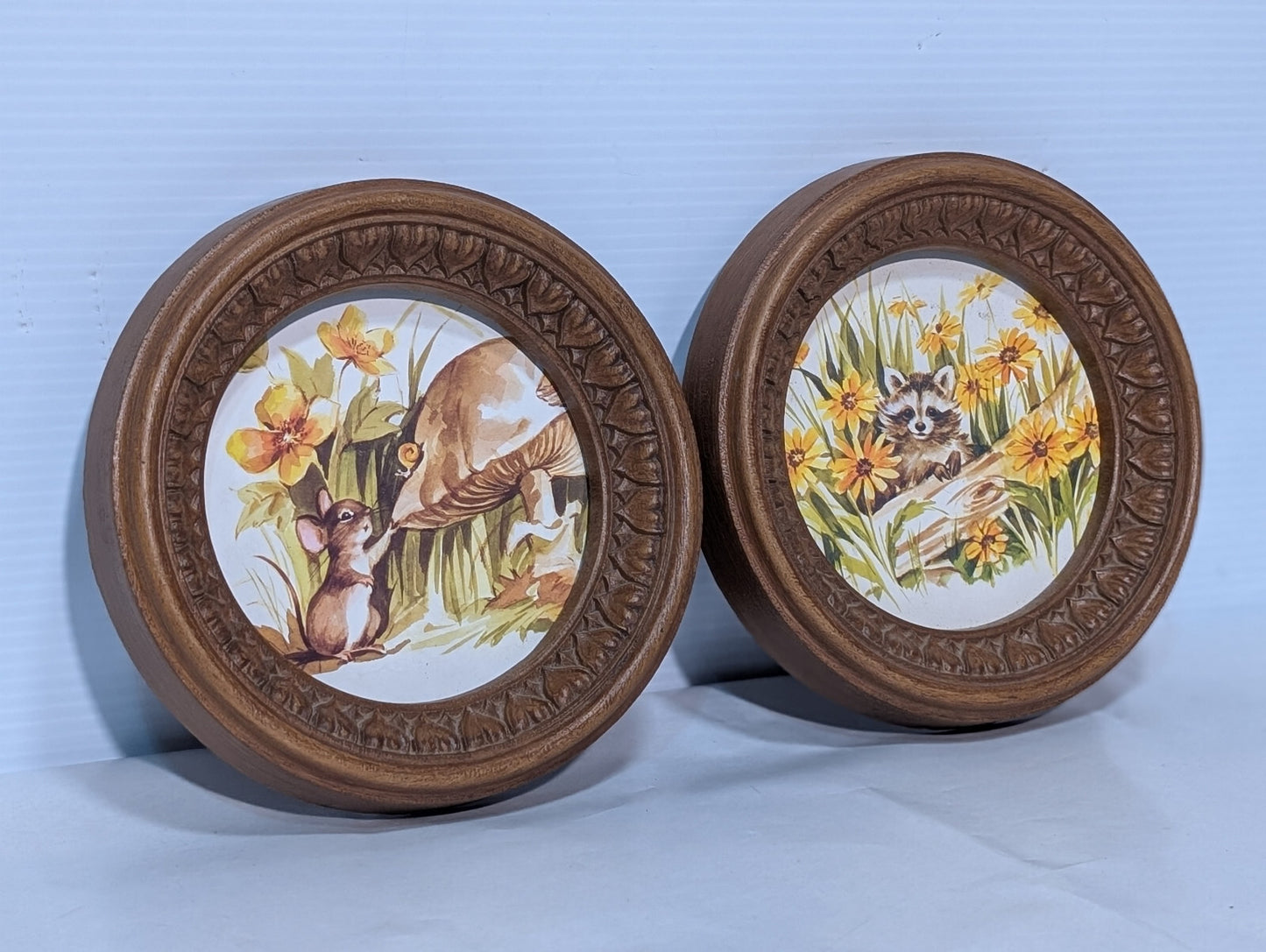 70s Vintage Round 7" Framed Art, Mushroom, Mouse, Raccoon, Woodland, Wildflowers