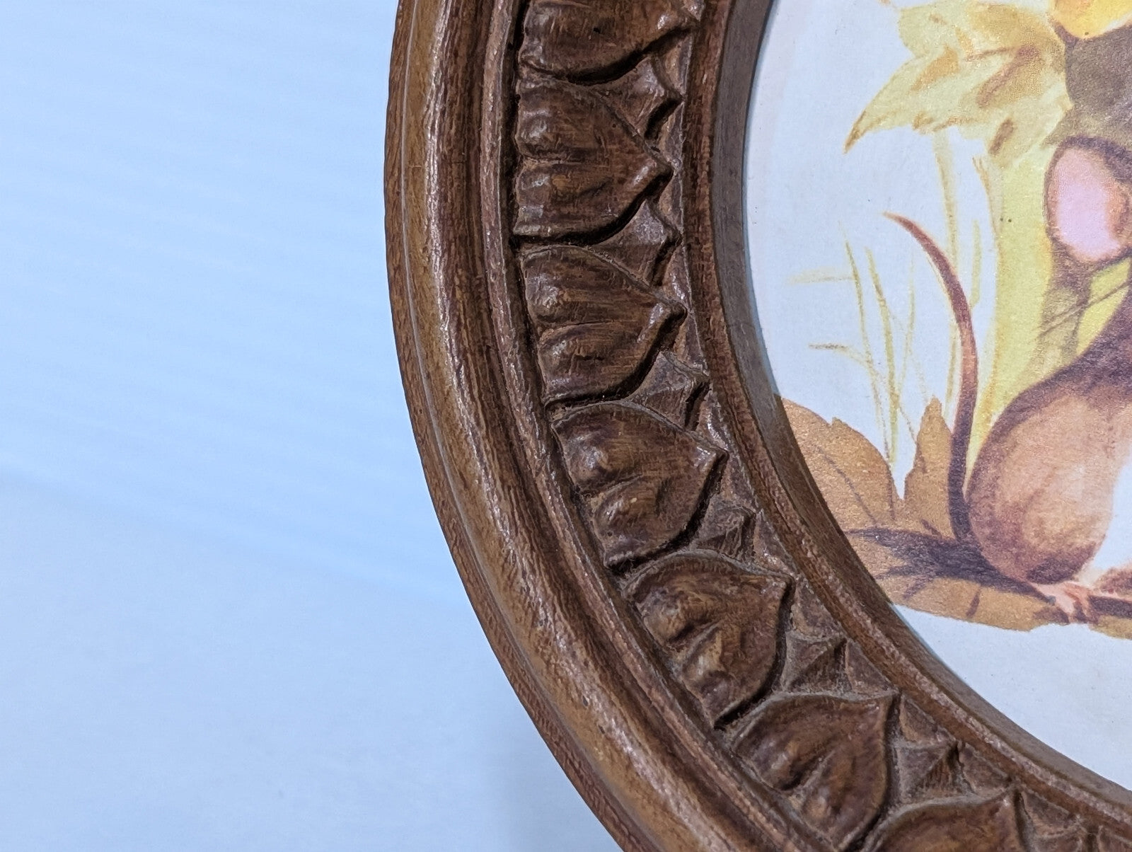70s Vintage Round 7" Framed Art, Mushroom, Mouse, Raccoon, Woodland, Wildflowers